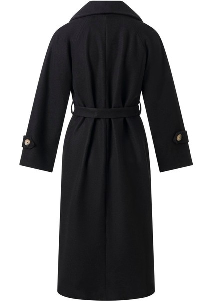 Kadın Siyah Kol Apoletli Kuşaklı Kaşe Kaban