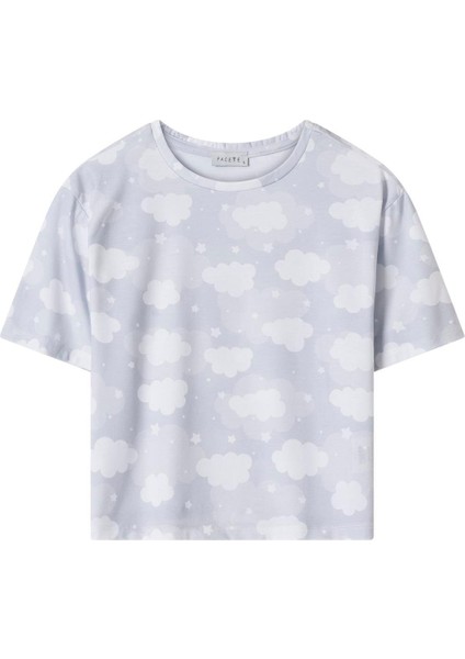 Kadın Gri Bulut Desen Tişört Pantolon Takım modelleri