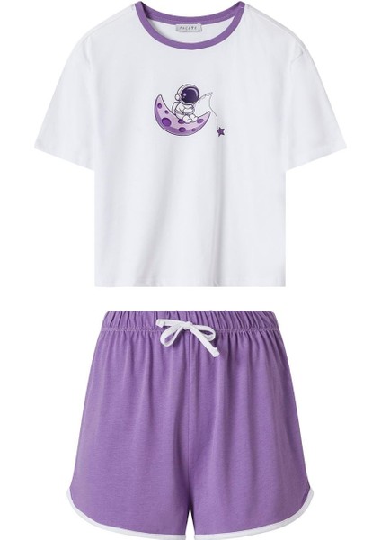 Kadın Lila Astronot Desen Tişört Şort Takım fırsatları