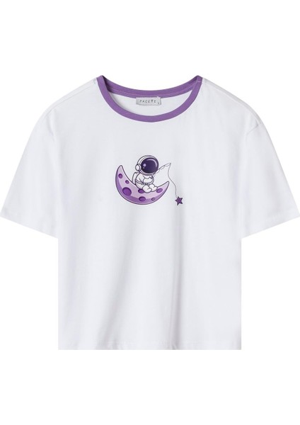 Kadın Lila Astronot Desen Tişört Şort Takım indirimleri