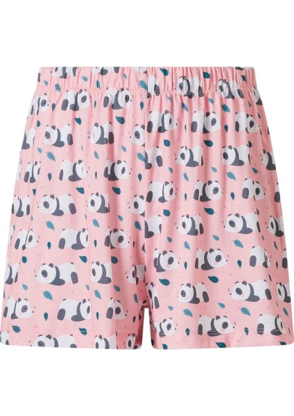 Kadın Pembe Panda Desen Tişört Şort Takım