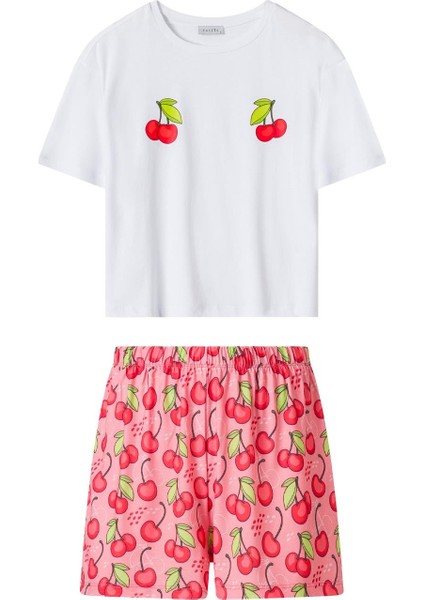 Kadın Beyaz Kiraz Desen Tişört Şort Takım fırsatları