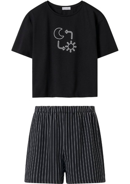 Kadın Siyah Ay Güneş Desen Tişört Şort Takım fırsatları