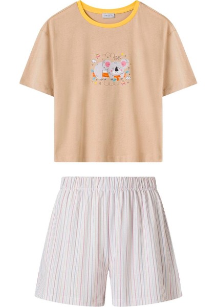 Kadın Bej Koala Desen Tişört Şort Takım fırsatları