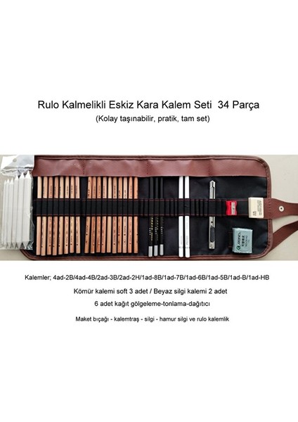 Kara Kalem Çizim Seti, Eskiz Kalem Seti, Dereceli Kalem Set, Tonlama-Rulo Kalemlikli-34 Parça