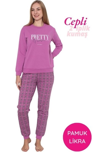 Kadın Bisiklet Yaka Bilek Manşet/lastikli 2 Iplik Pamuk Cepli Kışlık Jogger Eşofman Pijama Takımı
