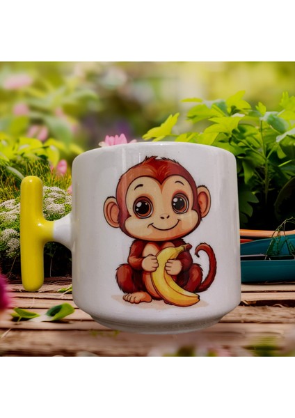 Sevimli Maymun Çift Taraf Baskılı Kupa- Seramik Çay, Kahve Hediyelik Bardağı