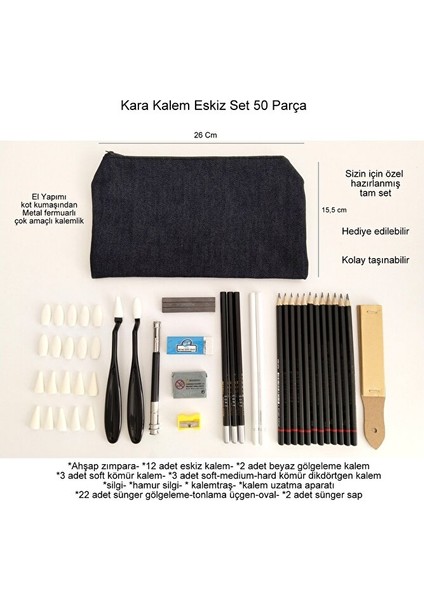 Kara Kalem Çizim Seti, Eskiz Kalem Seti, Dereceli Kalem Set, Tonlama-Kalemlikli-Tam Set 50PARÇA