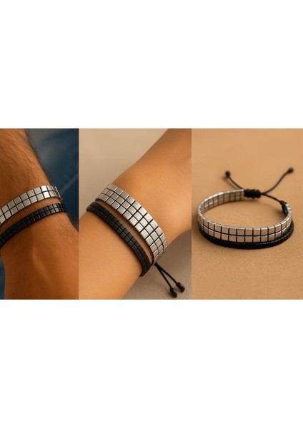 2’li Hematit Bileklik Seti – El Işçiliği, Doğal Taş, Ayarlanabilir Özel Tasarım modelleri