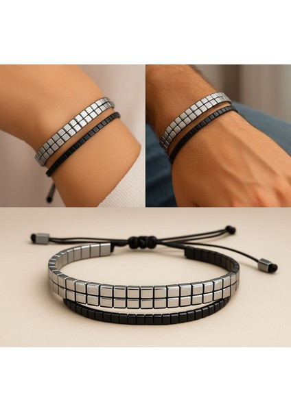 2’li Hematit Bileklik Seti – El Işçiliği, Doğal Taş, Ayarlanabilir Özel Tasarım