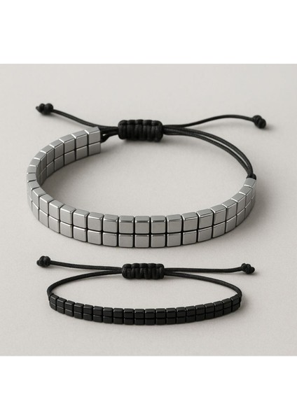 2’li Hematit Bileklik Seti – El Işçiliği, Doğal Taş, Ayarlanabilir Özel Tasarım