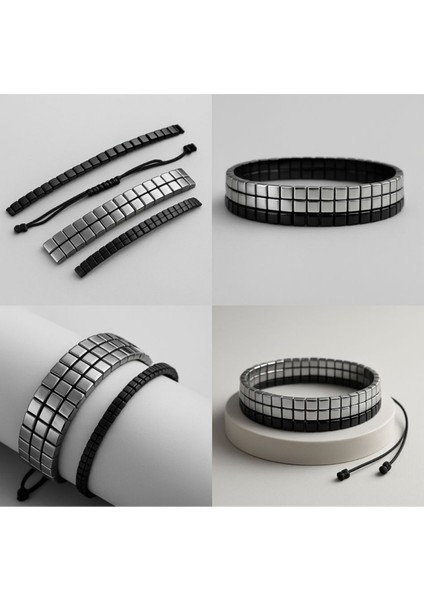 2’li Hematit Bileklik Seti – El Işçiliği, Doğal Taş, Ayarlanabilir Özel Tasarım