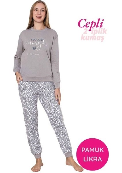 Kadın Bisiklet Yaka Bilek Manşet/lastikli 2 Iplik Pamuk Cepli Kışlık Jogger Eşofman Pijama Takımı