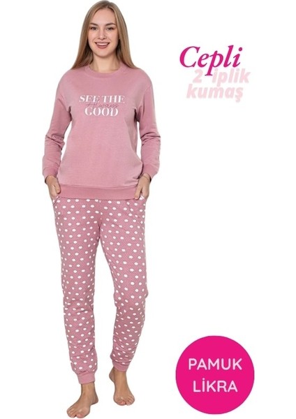 Kadın Bisiklet Yaka Bilek Manşet/lastikli 2 Iplik Pamuk Cepli Kışlık Jogger Eşofman Pijama Takımı