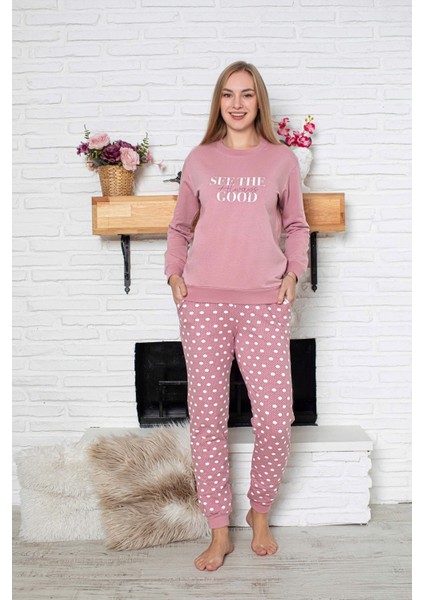 Kadın Bisiklet Yaka Bilek Manşet/lastikli 2 Iplik Pamuk Cepli Kışlık Jogger Eşofman Pijama Takımı fırsatları