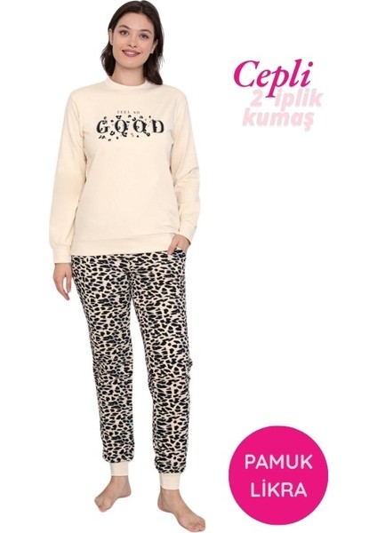 Kadın Bisiklet Yaka Bilek Manşet/lastikli 2 Iplik Pamuk Cepli Kışlık Jogger Eşofman Pijama Takımı
