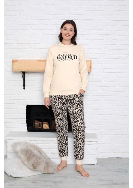 Kadın Bisiklet Yaka Bilek Manşet/lastikli 2 Iplik Pamuk Cepli Kışlık Jogger Eşofman Pijama Takımı fırsatları