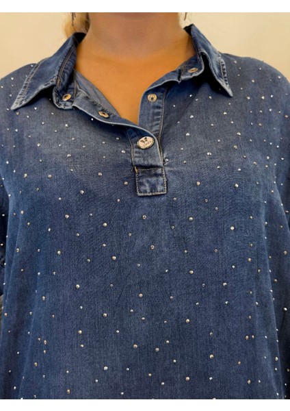 Elbise Işlemeli Jean Yüksek Kalite Yarım Düğmeli Free Size Elbise Kadın Gümüş Taşlı Mavi Yarasa Kolu fiyatları