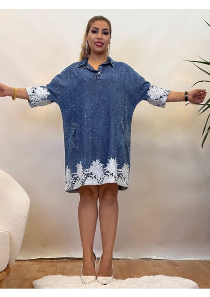Elbise Işlemeli Jean Yüksek Kalite Yarım Düğmeli Free Size Elbise Kadın Gümüş Taşlı Mavi Yarasa Kolu fırsatları