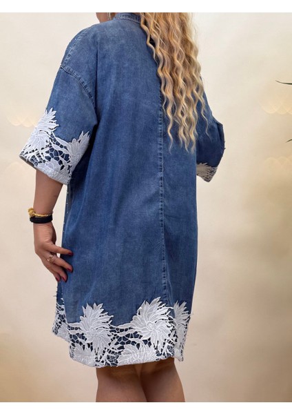 Elbise Işlemeli Jean Yüksek Kalite Yarım Düğmeli Free Size Elbise Kadın Gümüş Taşlı Mavi Yarasa Kolu indirimleri