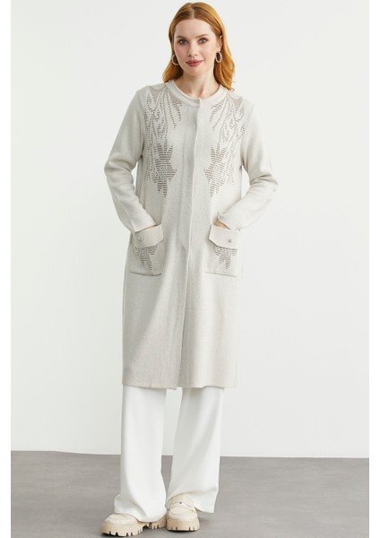 Uzun Cep Detaylı Yünlü Triko Hırka - Taş