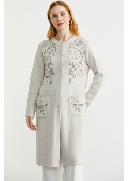 Uzun Cep Detaylı Yünlü Triko Hırka - Taş modelleri