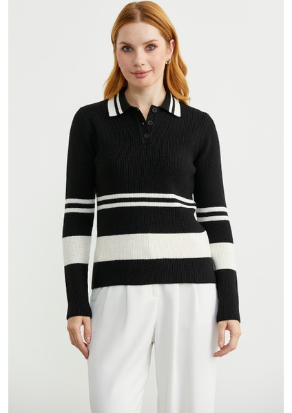 Polo Yaka Fitilli Triko Kazak - Siyah