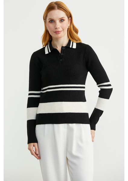 Polo Yaka Fitilli Triko Kazak - Siyah fiyatları