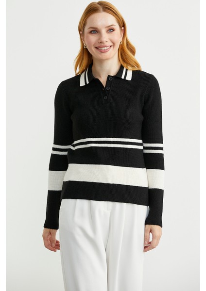 Polo Yaka Fitilli Triko Kazak - Siyah modelleri