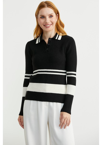 Polo Yaka Fitilli Triko Kazak - Siyah fırsatları