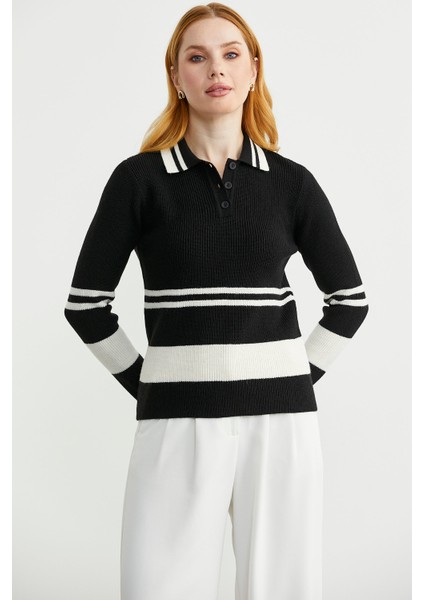 Polo Yaka Fitilli Triko Kazak - Siyah indirimleri