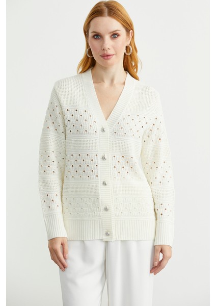 Delik Motifli Yünlü Triko Hırka - Kemik