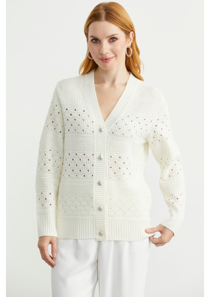 Delik Motifli Yünlü Triko Hırka - Kemik fiyatları