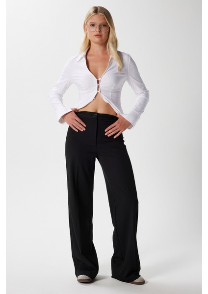 Kadın Tina Tok Dokulu Düğmeli Siyah Palazzo Pantolon 5156