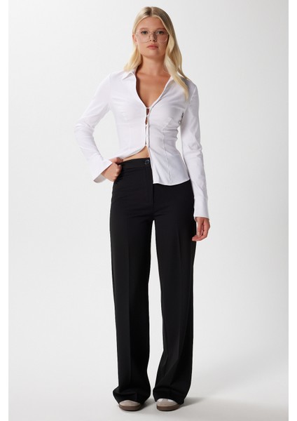 Kadın Tina Tok Dokulu Düğmeli Siyah Palazzo Pantolon 5156 fırsatları