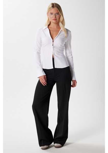 Kadın Tina Tok Dokulu Düğmeli Siyah Palazzo Pantolon 5156 indirimleri