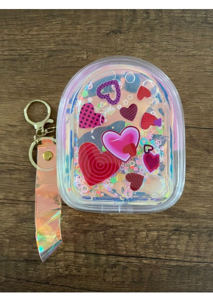 Kız Çocuk Kalp Figür Şeffaf Sulu Pullu Simli Cüzdan Kalpli Çanta Süsü Anahtarlık 1 Adet