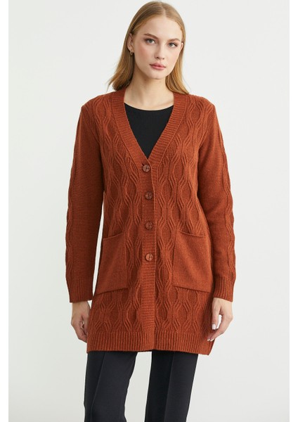 Cepli Uzun Yünlü Triko Hırka - Kiremit