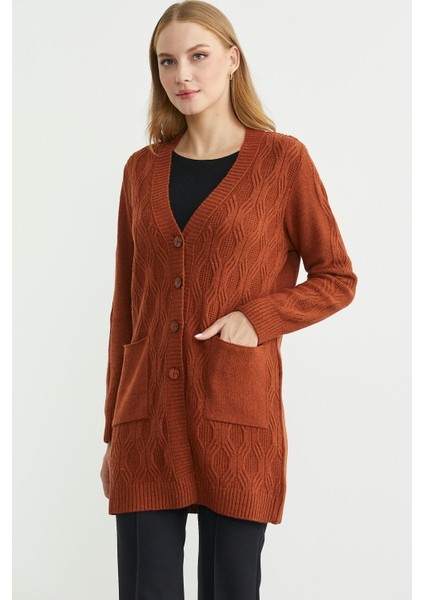 Cepli Uzun Yünlü Triko Hırka - Kiremit fiyatları