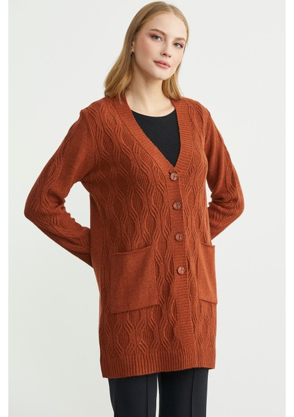 Cepli Uzun Yünlü Triko Hırka - Kiremit modelleri