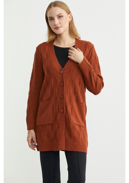 Cepli Uzun Yünlü Triko Hırka - Kiremit fırsatları