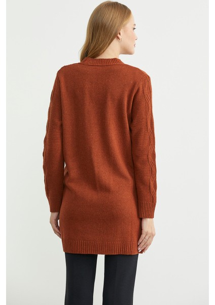 Cepli Uzun Yünlü Triko Hırka - Kiremit indirimleri