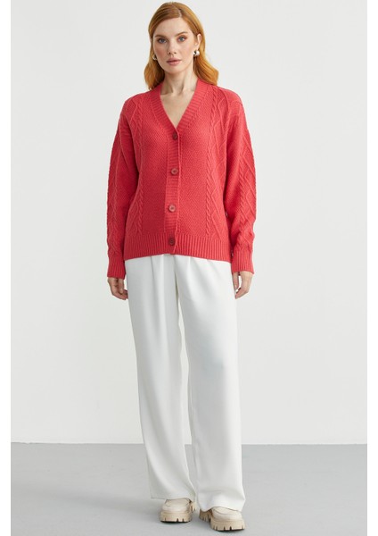 Oversize Düğmeli Triko Hırka - Gül