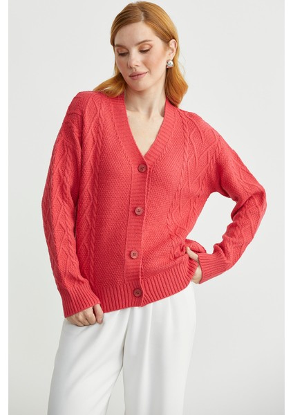 Oversize Düğmeli Triko Hırka - Gül modelleri