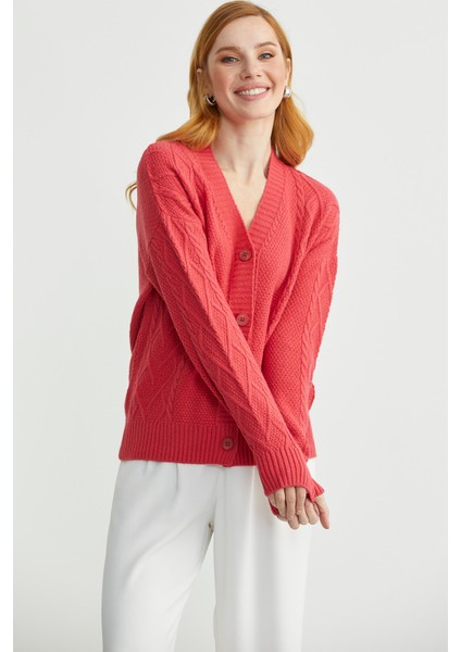 Oversize Düğmeli Triko Hırka - Gül fırsatları