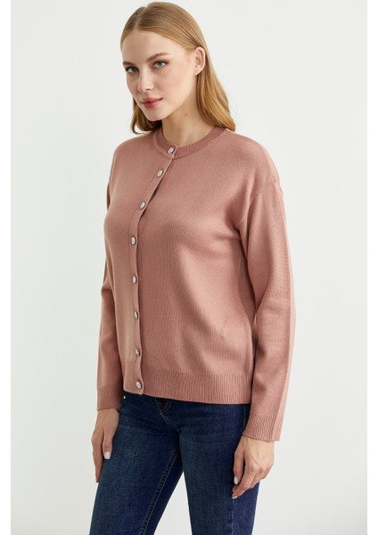 Düğme Detaylı Sıfır Yaka Triko Hırka - Koyu Gül modelleri