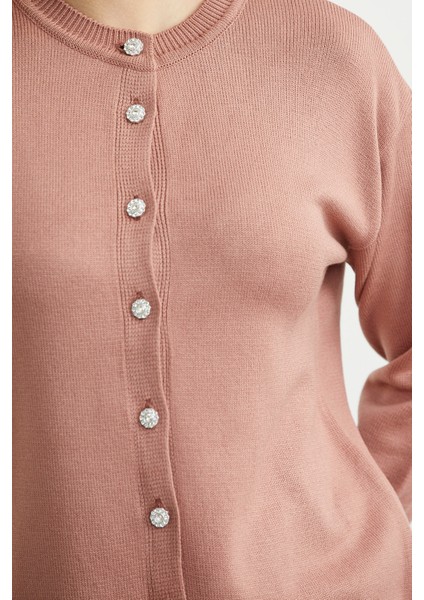 Düğme Detaylı Sıfır Yaka Triko Hırka - Koyu Gül fırsatları