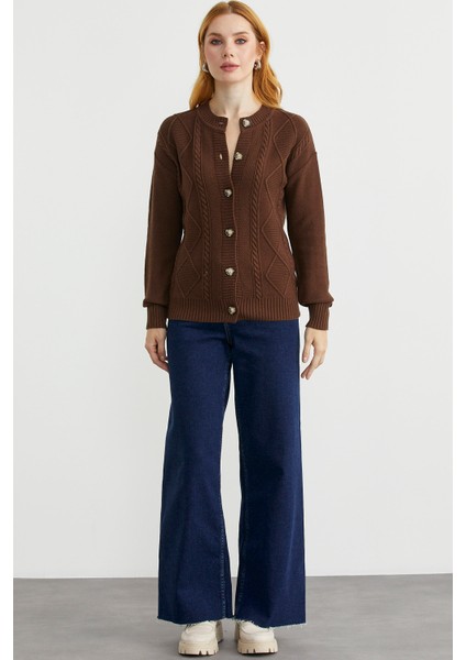 Düğmeli Oversize Angora Triko Hırka - Kahve fiyatları