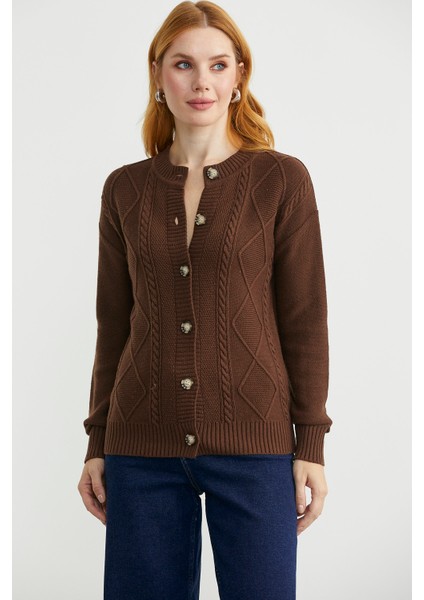 Düğmeli Oversize Angora Triko Hırka - Kahve modelleri