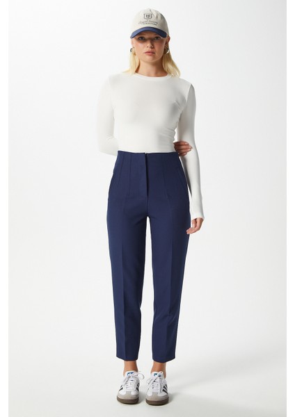 Kadın Jeremy Tok Dokulu Filetolu Lacivert Havuç Pantolon 5113